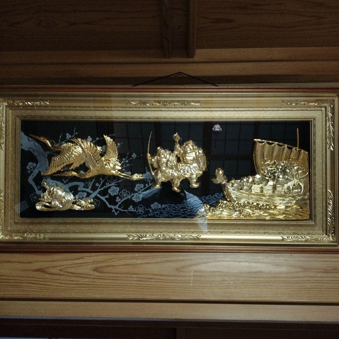 黄金七福神 純金純銀鍍金 宝船 縁起物 開運 壁掛け インテリア 額装