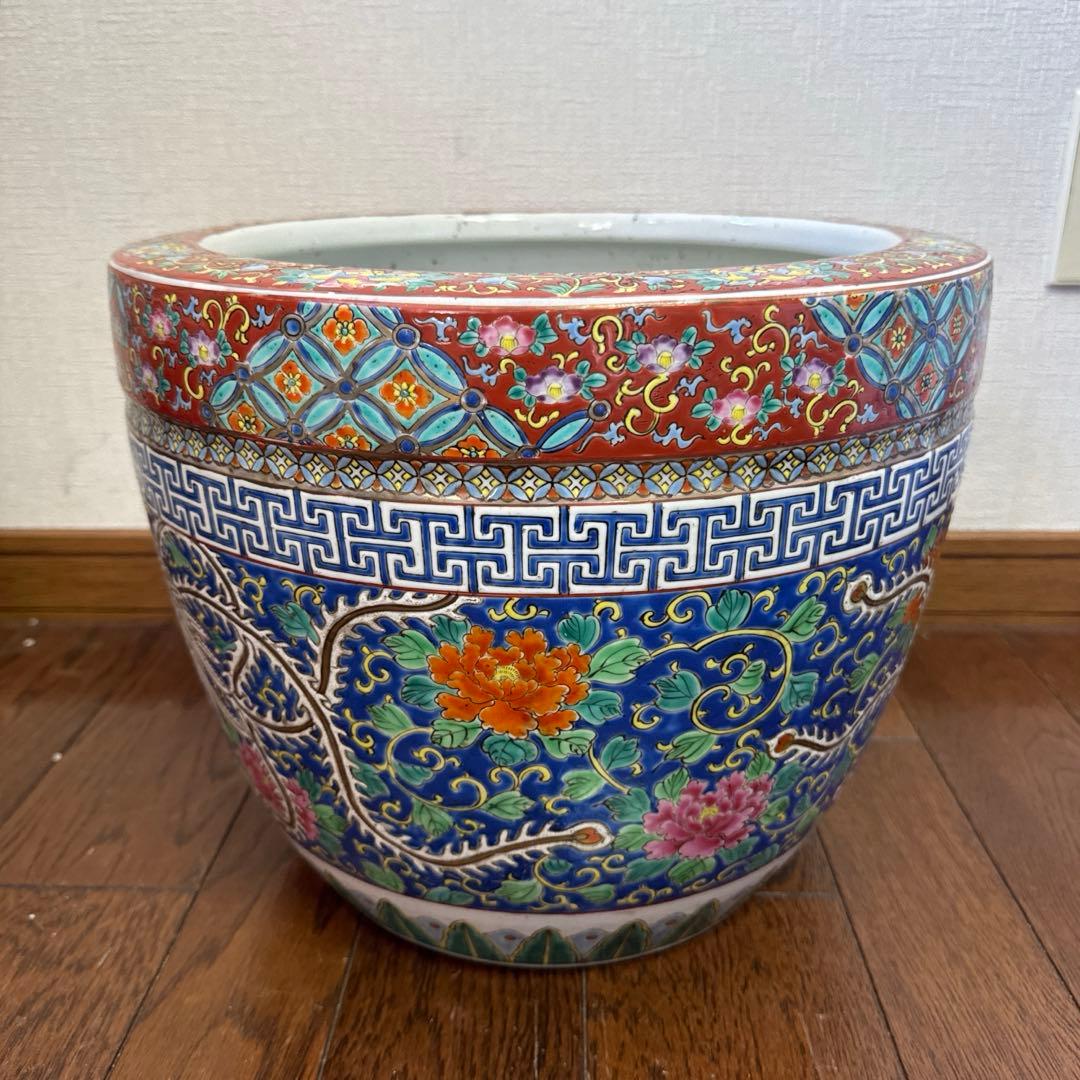 伊万里　十錦手　色絵彩色牡花唐草鳳凰紋　火鉢